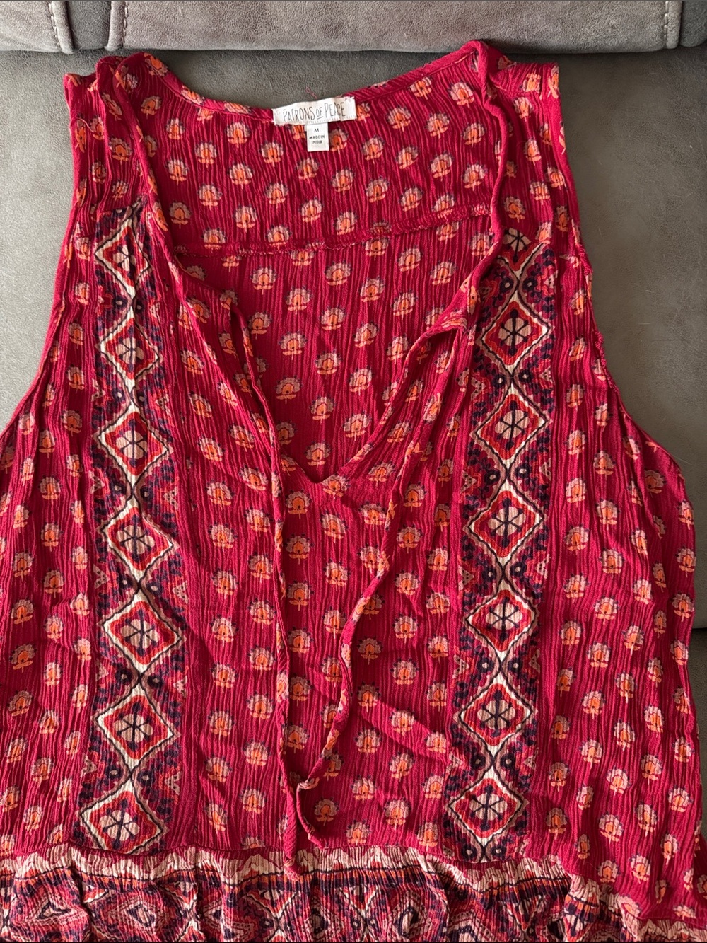 Patrons of Peace Red-Pink Printed Sleeveless Tank with Embroidered Panels